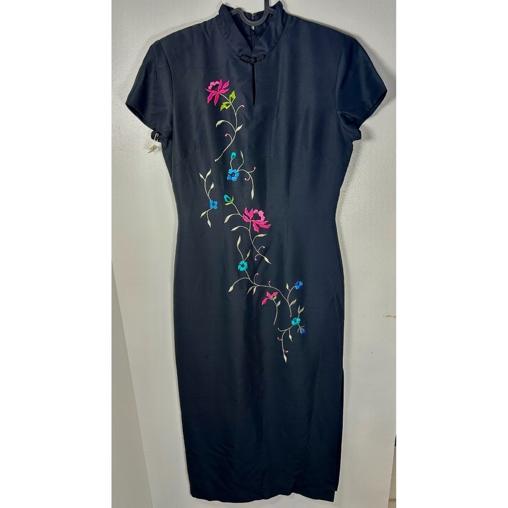 VTG 90s David Warren 100% Silk Black Embroidered Floral Asian Maxi Dress Size-8